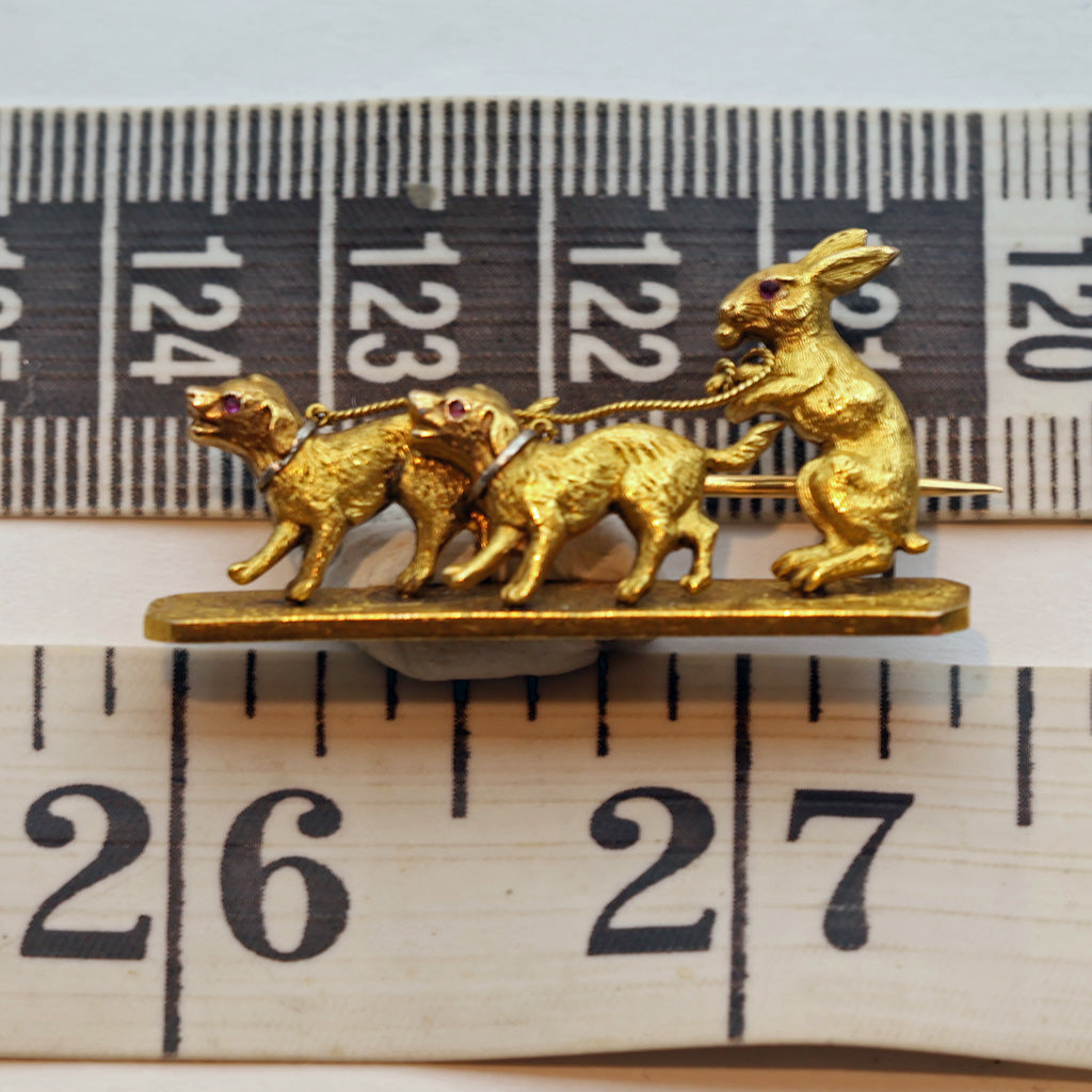 Antique French brooch 18k gold platinum bunny rabbit dogs sled ruby eyes (7477)