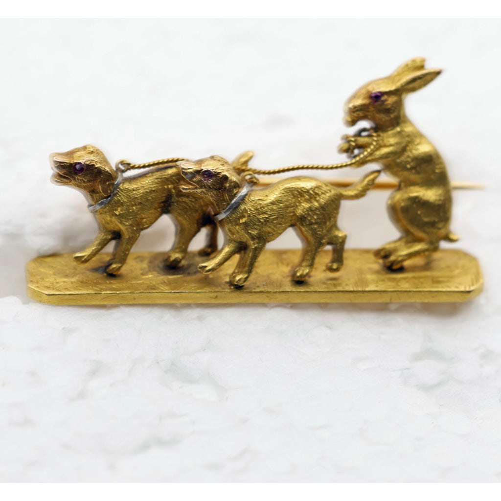 Antique French brooch 18k gold platinum bunny rabbit dogs sled ruby eyes (7477)