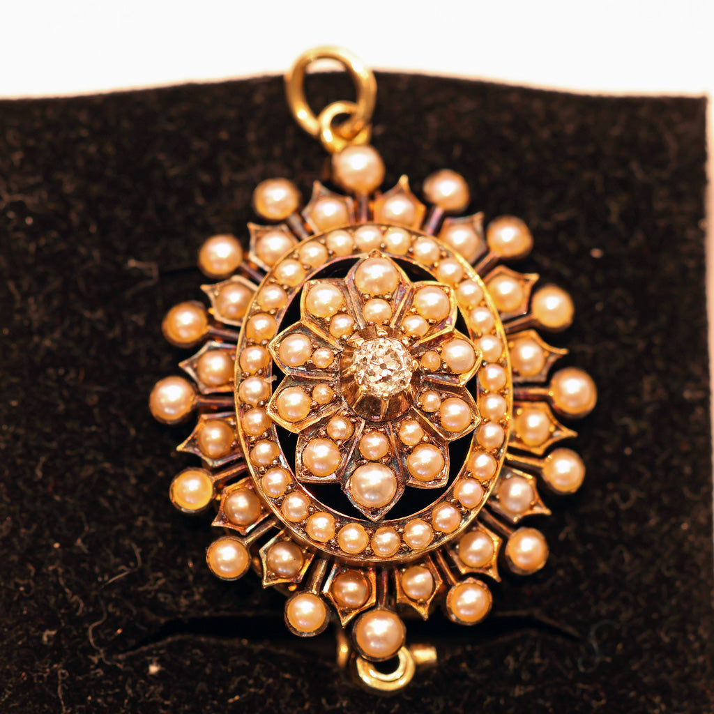 Antique Victorian brooch pendant gold diamond pearls unisex orig box (7502)