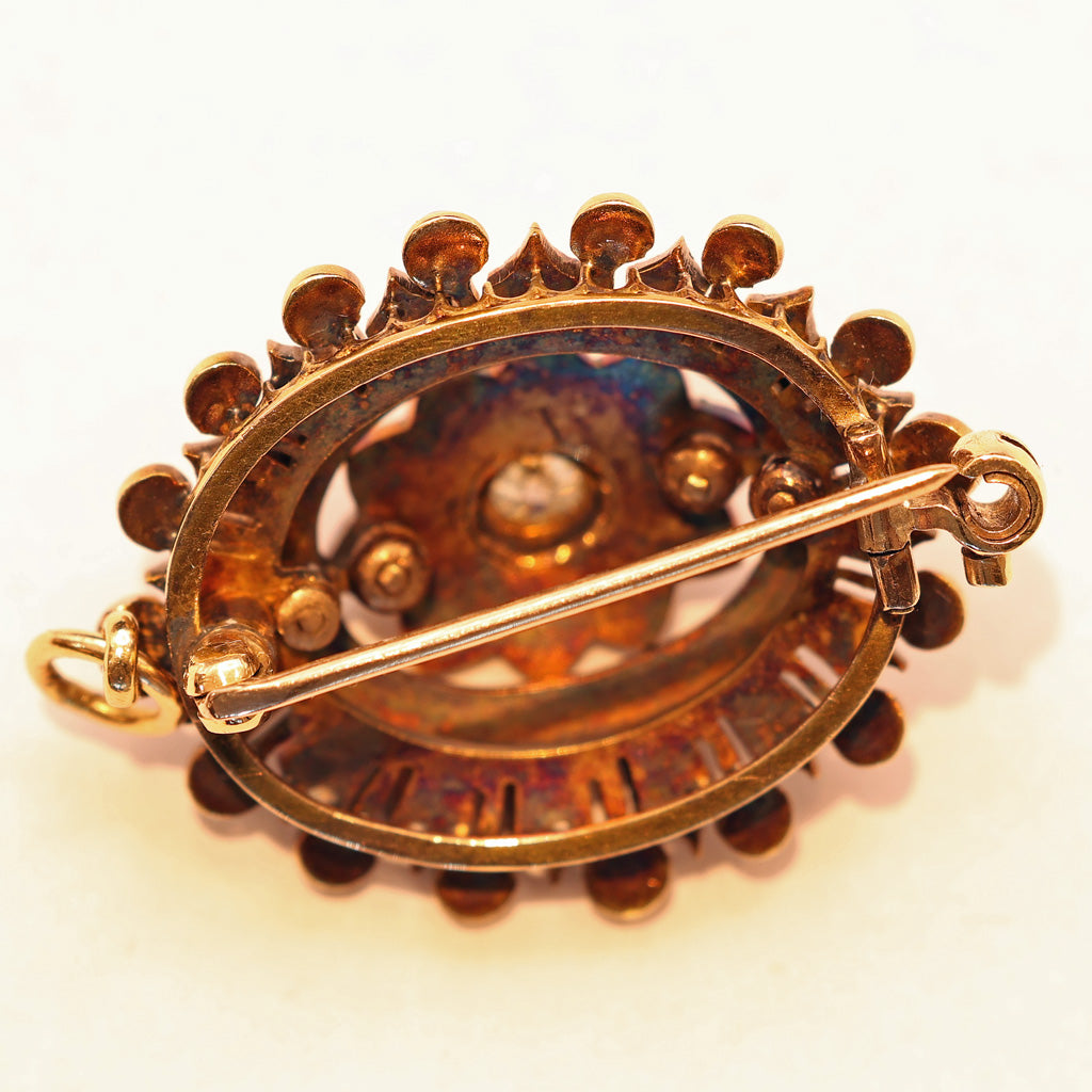 Antique Victorian brooch pendant gold diamond pearls unisex orig box (7502)