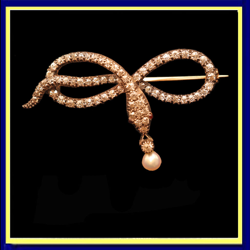 Antique Victorian snake brooch gold silver diamonds pearl garnet bow Unisex