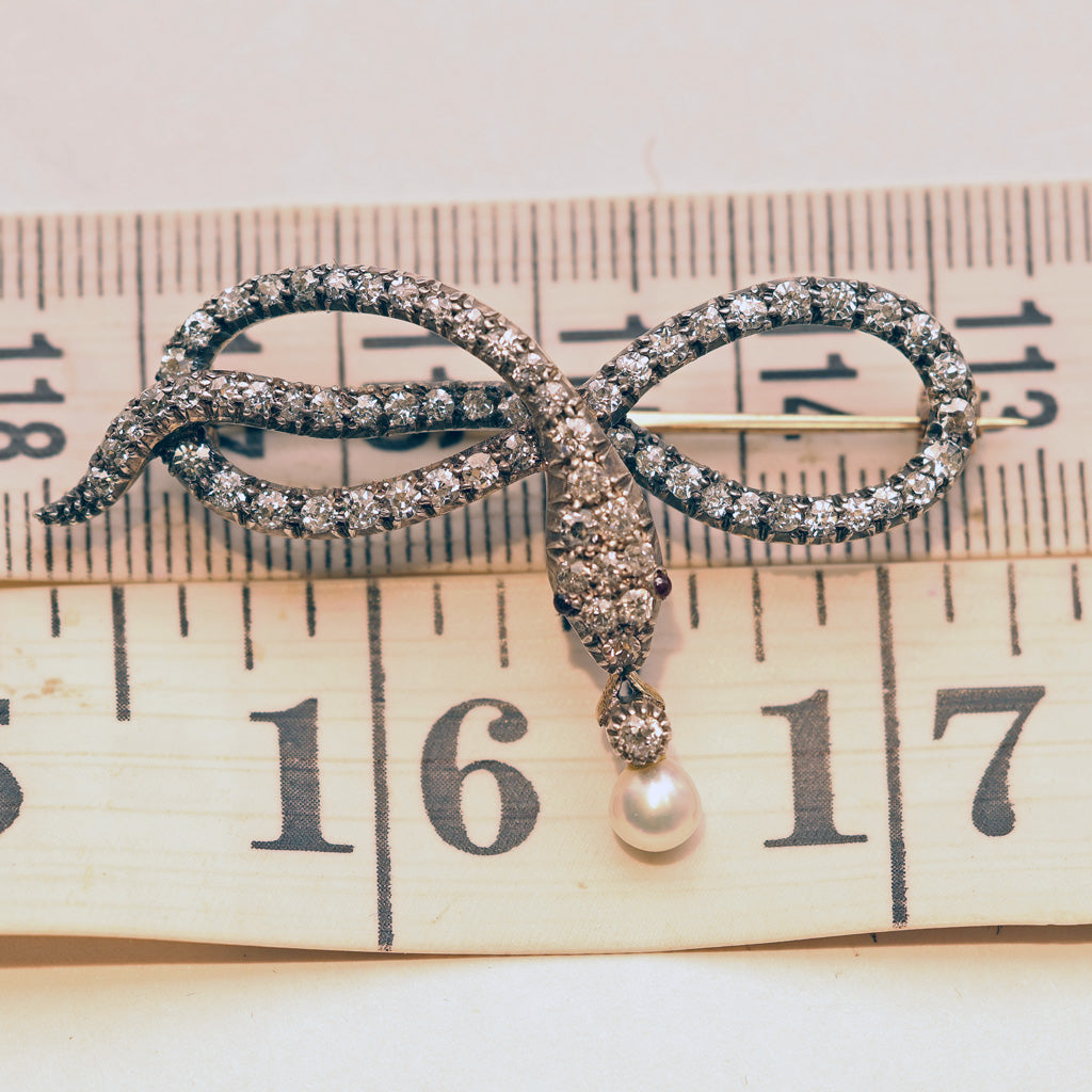 Antique Victorian snake brooch gold silver diamonds pearl garnet bow Unisex showing size