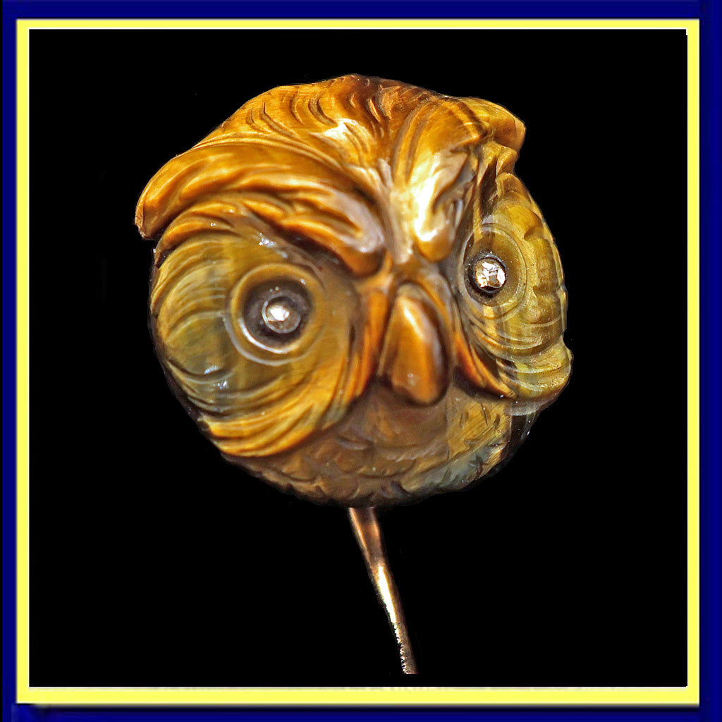 Antique French stick lapel pin brooch gold tiger's eye diamond owl Unisex