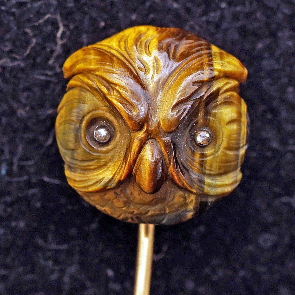 Antique French stick lapel pin brooch gold tiger's eye diamond owl Unisex (7504)