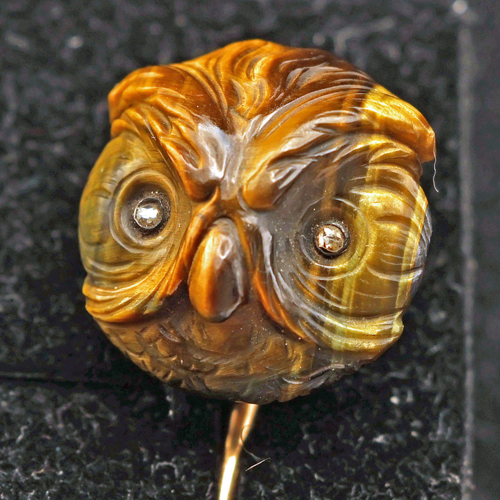 Antique French stick lapel pin brooch gold tiger's eye diamond owl Unisex (7504)