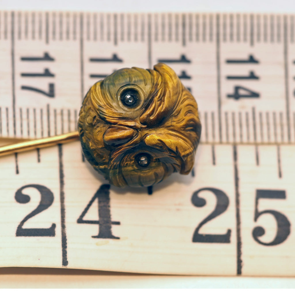 Antique French stick lapel pin brooch gold tiger's eye diamond owl Unisex showing size