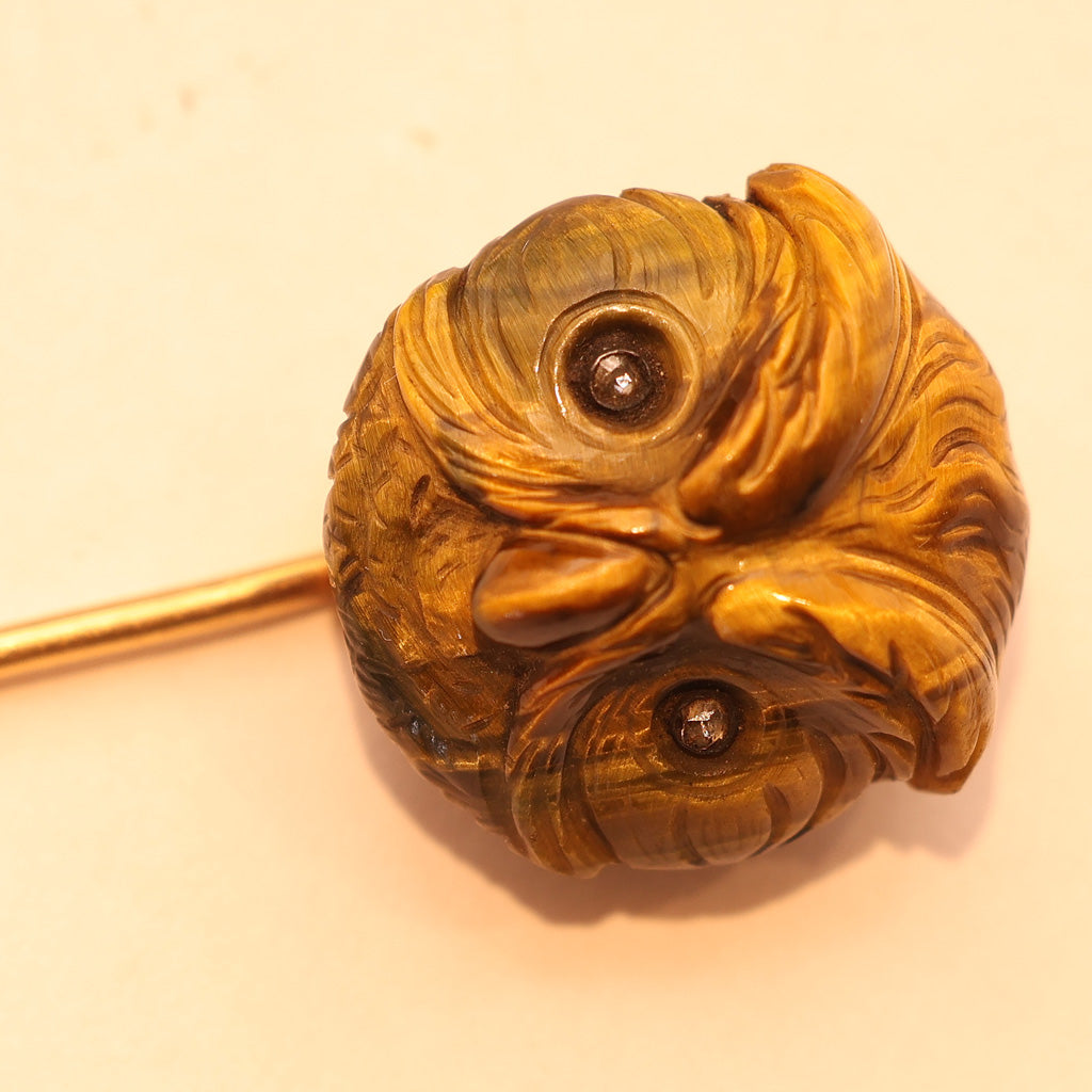 Antique French stick lapel pin brooch gold tiger's eye diamond owl Unisex (7504)