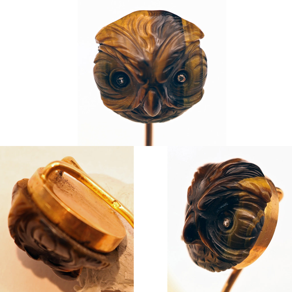 Antique French stick lapel pin brooch gold tiger's eye diamond owl Unisex (7504)