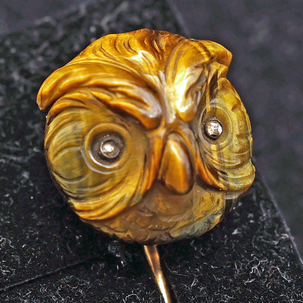 Antique French stick lapel pin brooch gold tiger's eye diamond owl Unisex (7504)