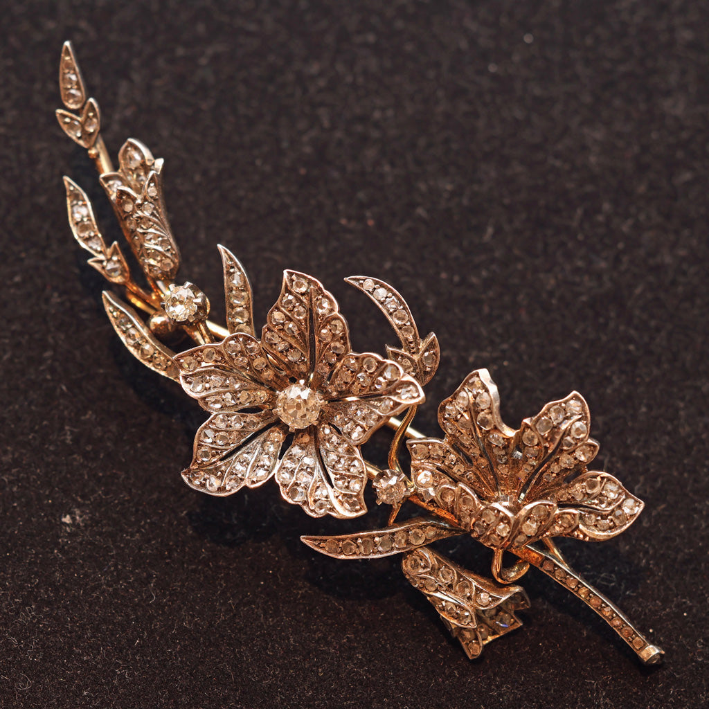 Antique Victorian brooch Diamonds gold silver flowers sculptural unisex (7512)