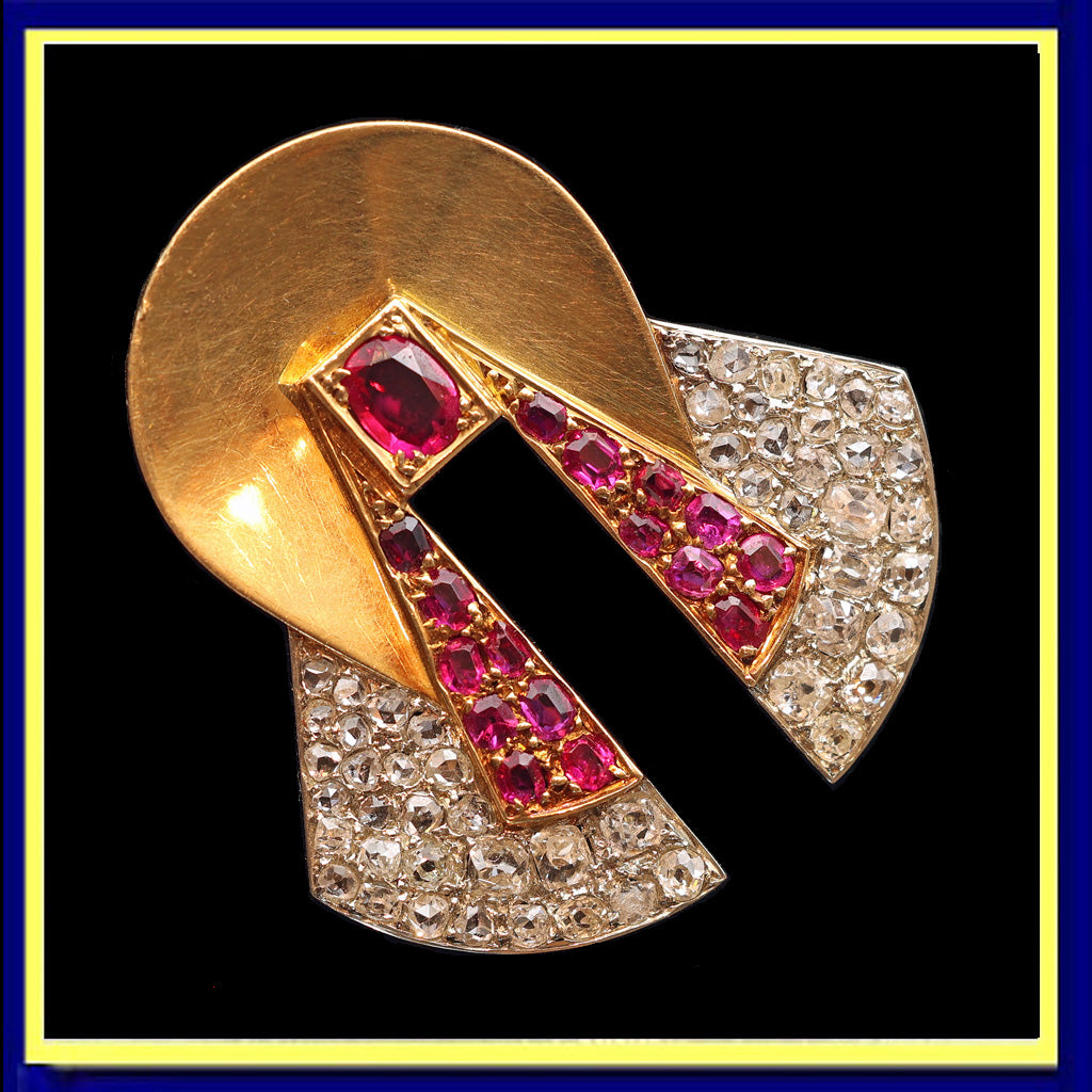 Raymond Templier Art Deco clip brooch gold platinum diamonds rubies Unisex