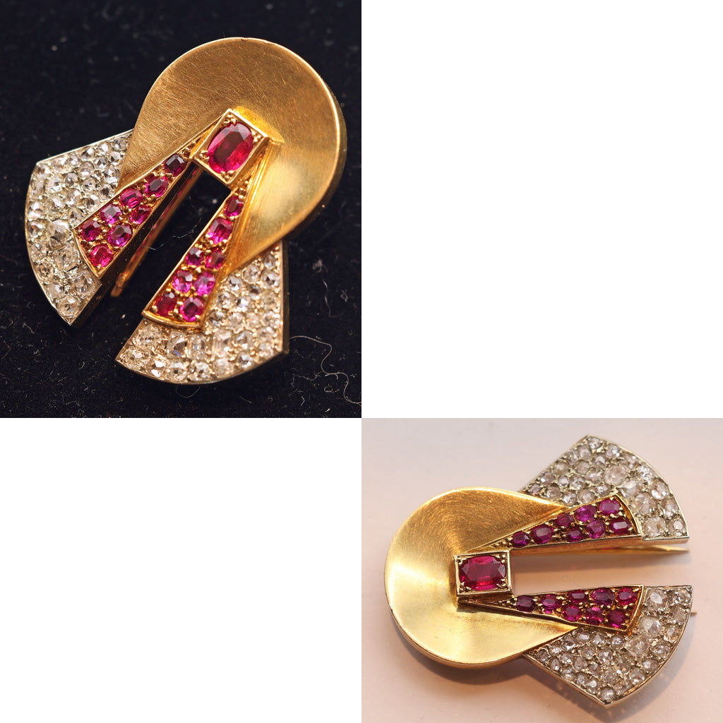 Raymond Templier Art Deco clip brooch gold platinum diamonds rubies Unisex (7516)