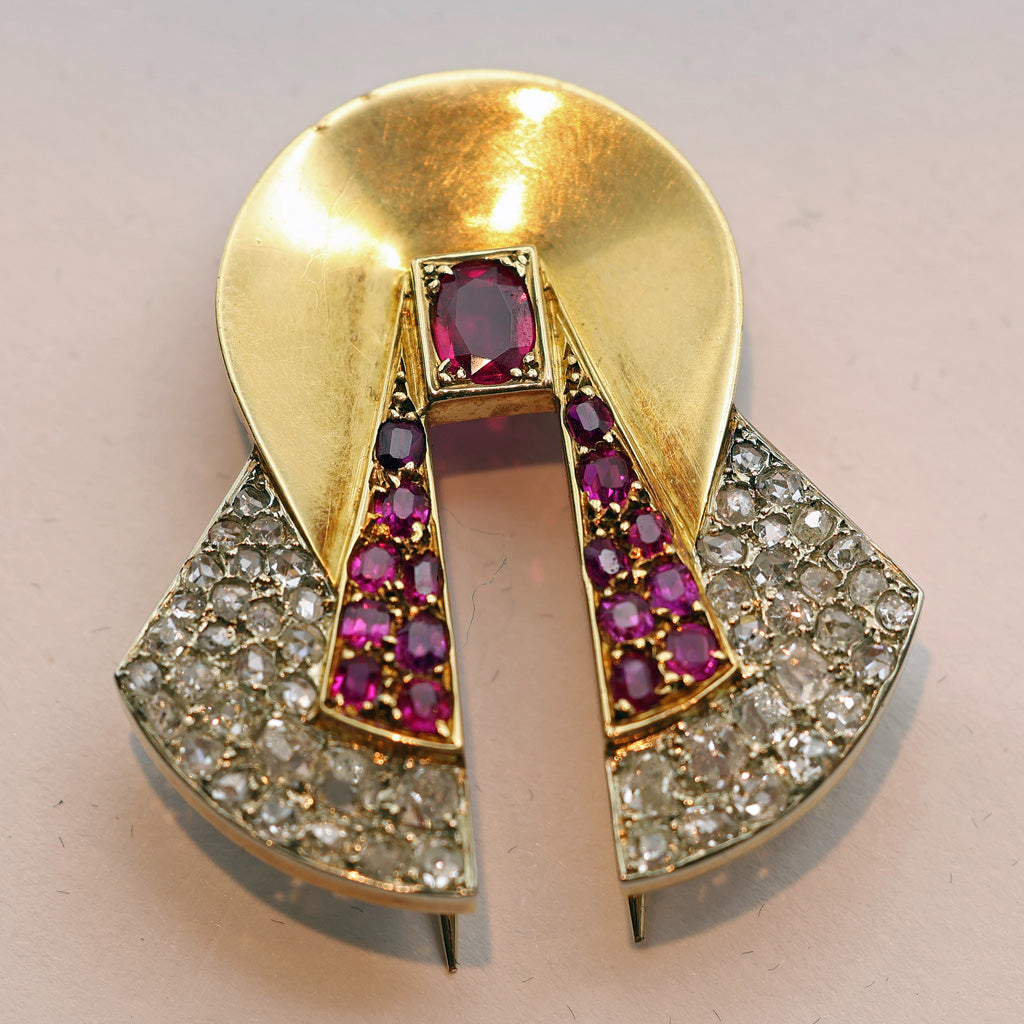 Raymond Templier Art Deco clip brooch gold platinum diamonds rubies Unisex