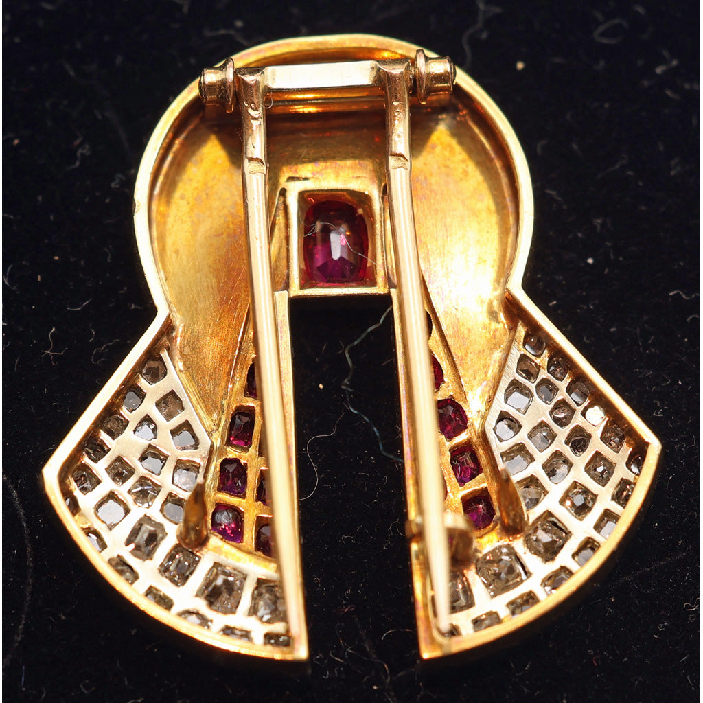 Raymond Templier Art Deco clip brooch gold platinum diamonds rubies Unisex (7516)