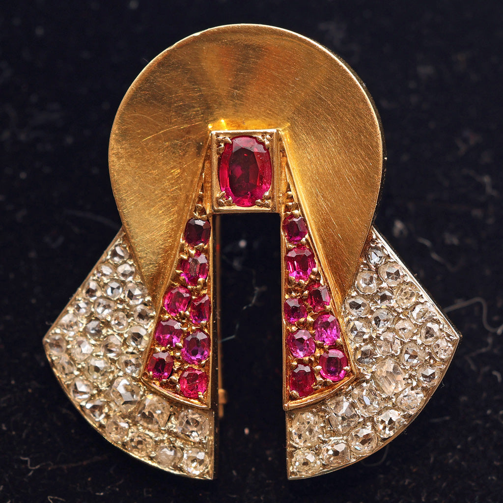 Raymond Templier Art Deco clip brooch gold platinum diamonds rubies Unisex (7516)