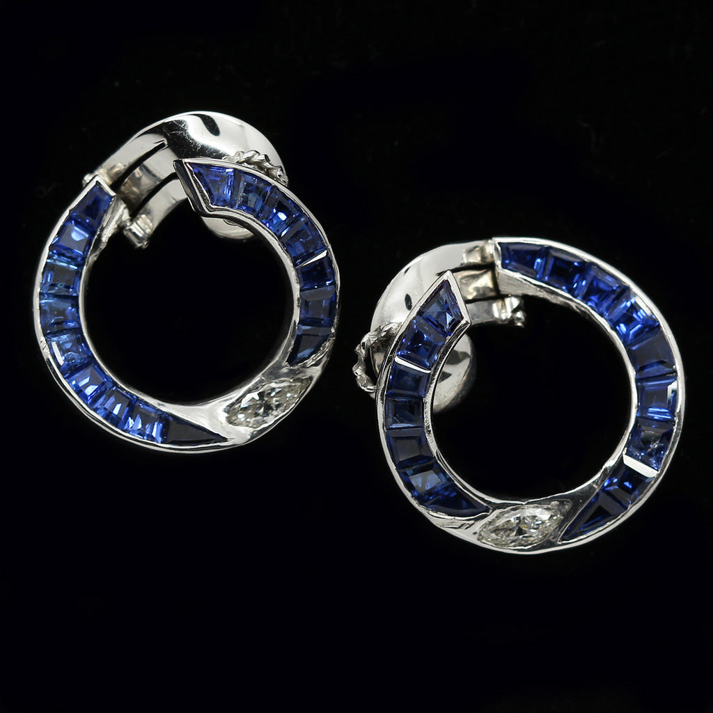 Vintage Earrings Sapphires Diamonds Platinum C1930-40's Retro (6270)