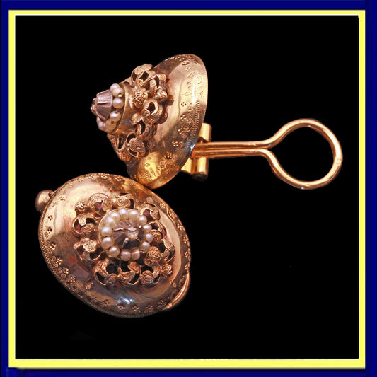 Antique Victorian Earrings 18k Gold Rose Cut Diamonds Pearls Silver (6528)