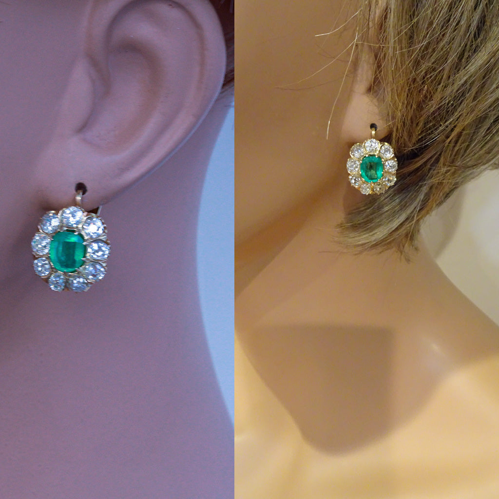 Antique Earrings natural Columbian emeralds Old Mine Cut diamonds 18k gold  (7305)