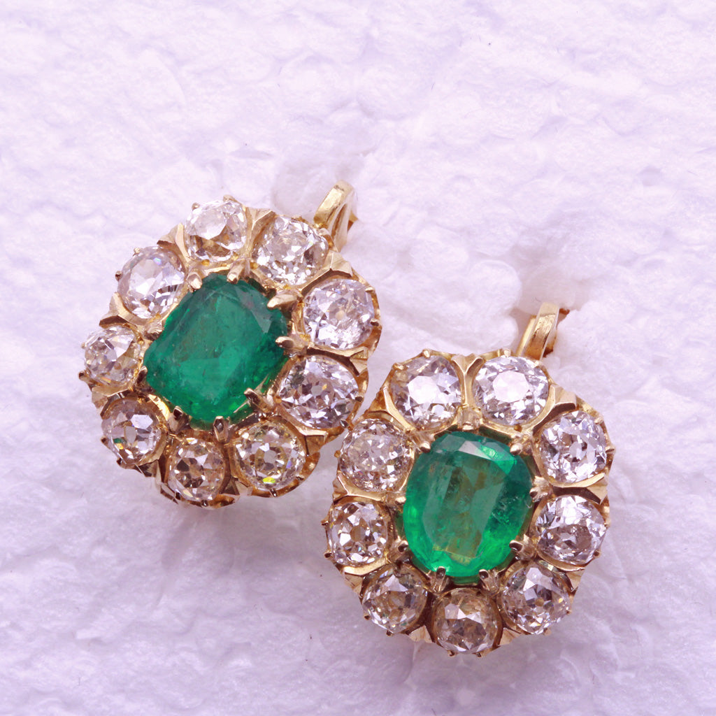 Antique Earrings natural Columbian emeralds Old Mine Cut diamonds 18k gold  (7305)