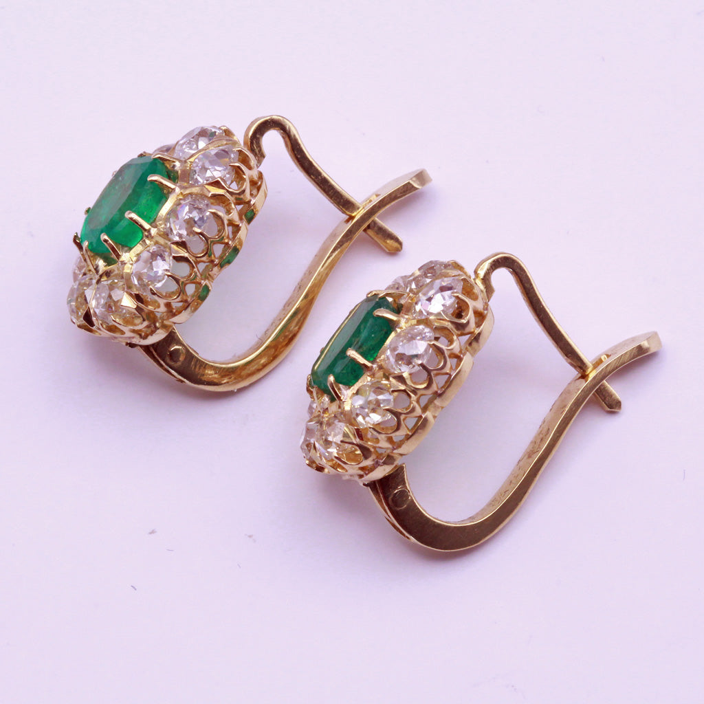 Antique Earrings natural Columbian emeralds Old Mine Cut diamonds 18k gold  (7305)