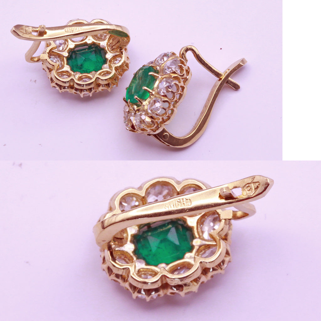 Antique Earrings natural Columbian emeralds Old Mine Cut diamonds 18k gold  (7305)