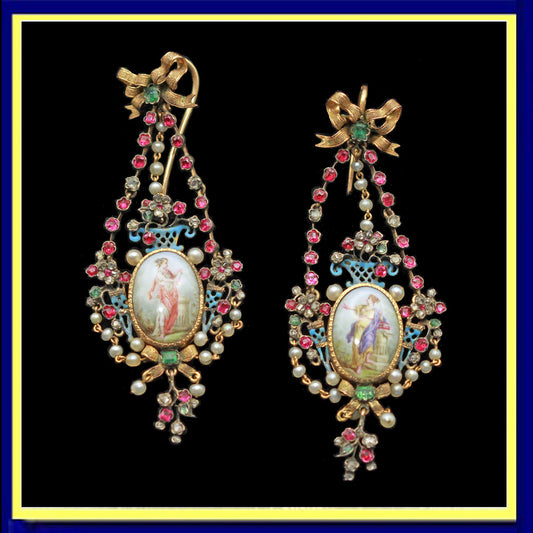 Antique Georgian Victorian earrings gold diamond emerald ruby pearl enamel