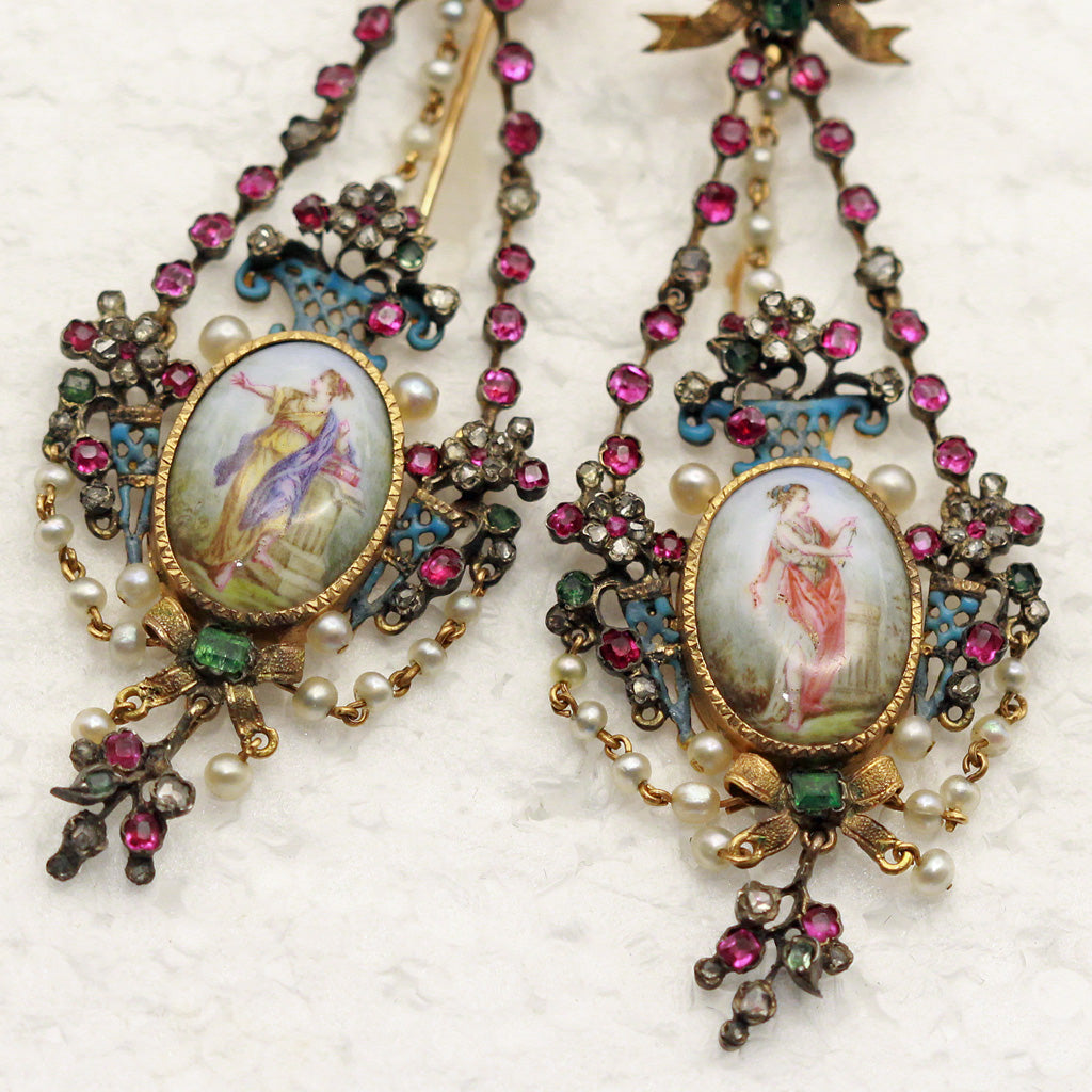 Antique Georgian Victorian Earrings gold diamond emerald ruby pearl enamel (7432)