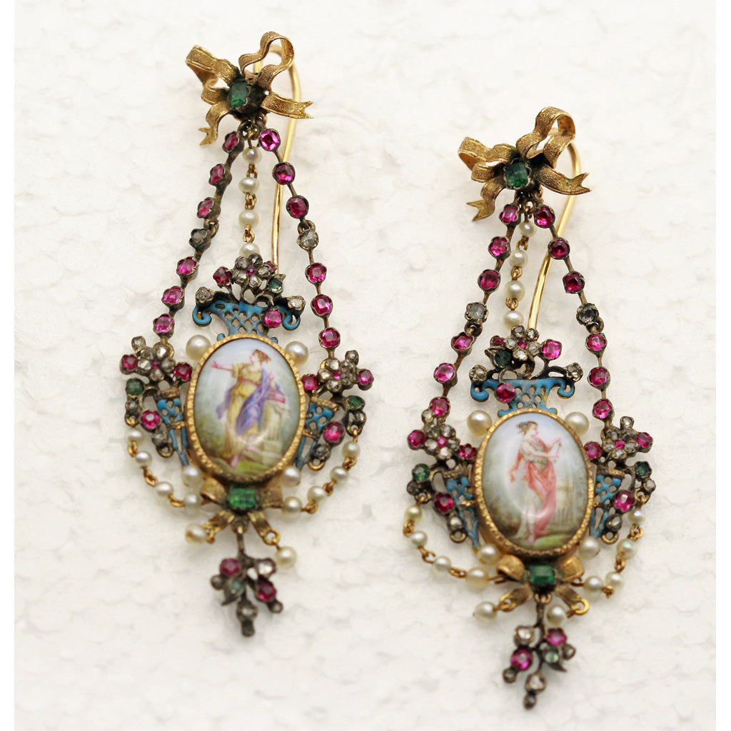 Antique Georgian Victorian Earrings gold diamond emerald ruby pearl enamel (7432)