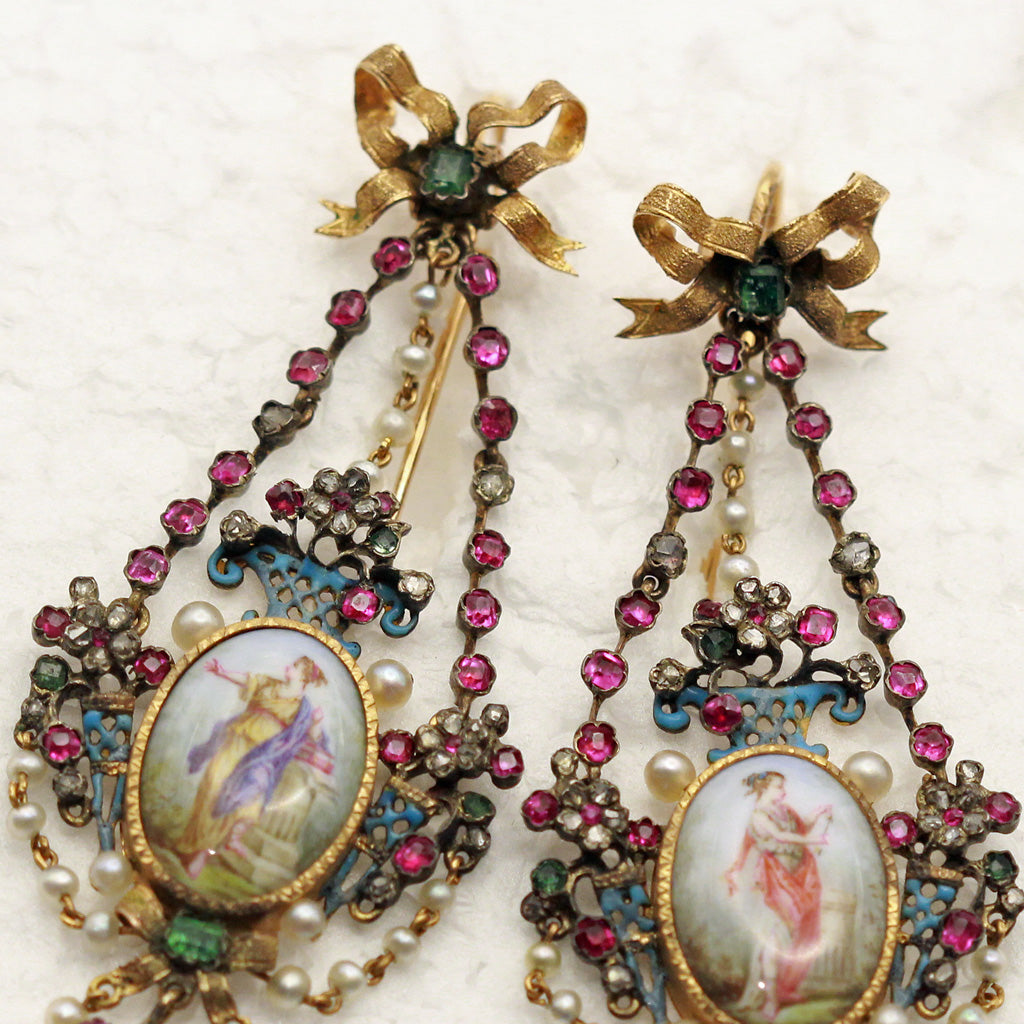 Antique Georgian Victorian Earrings gold diamond emerald ruby pearl enamel (7432)