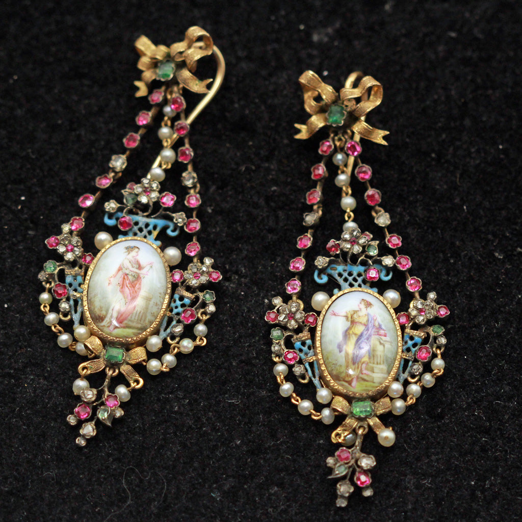 Antique Georgian Victorian Earrings gold diamond emerald ruby pearl enamel (7432)