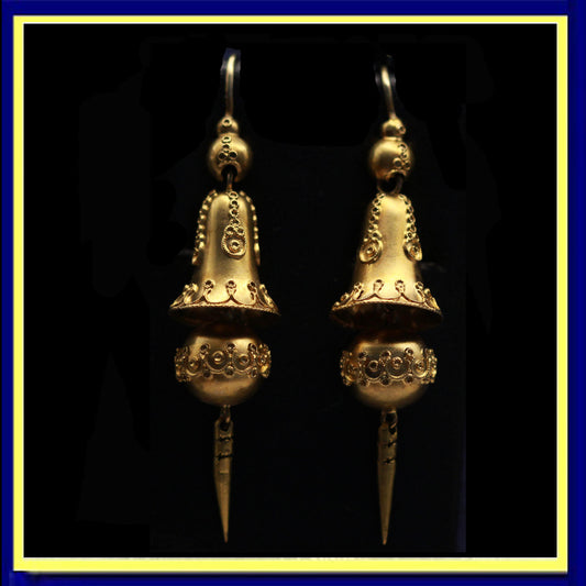 Antique Victorian earrings yellow gold swing dangling drop bells filigree