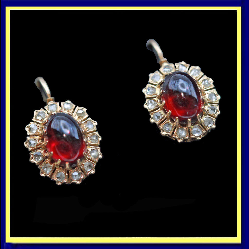 Antique Victorian earrings gold diamonds cabochon garnets French signed