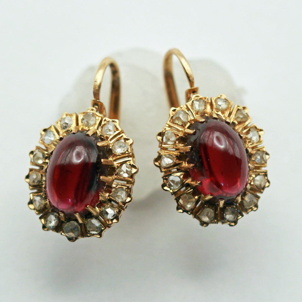 Antique Victorian earrings 18k gold diamonds cabochon garnets French signed(7440)