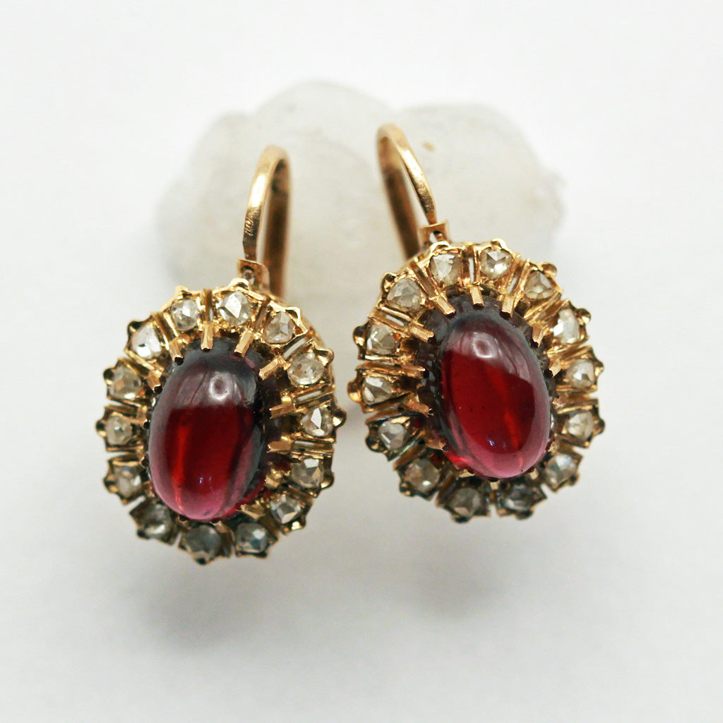 Antique Victorian earrings 18k gold diamonds cabochon garnets French signed(7440)