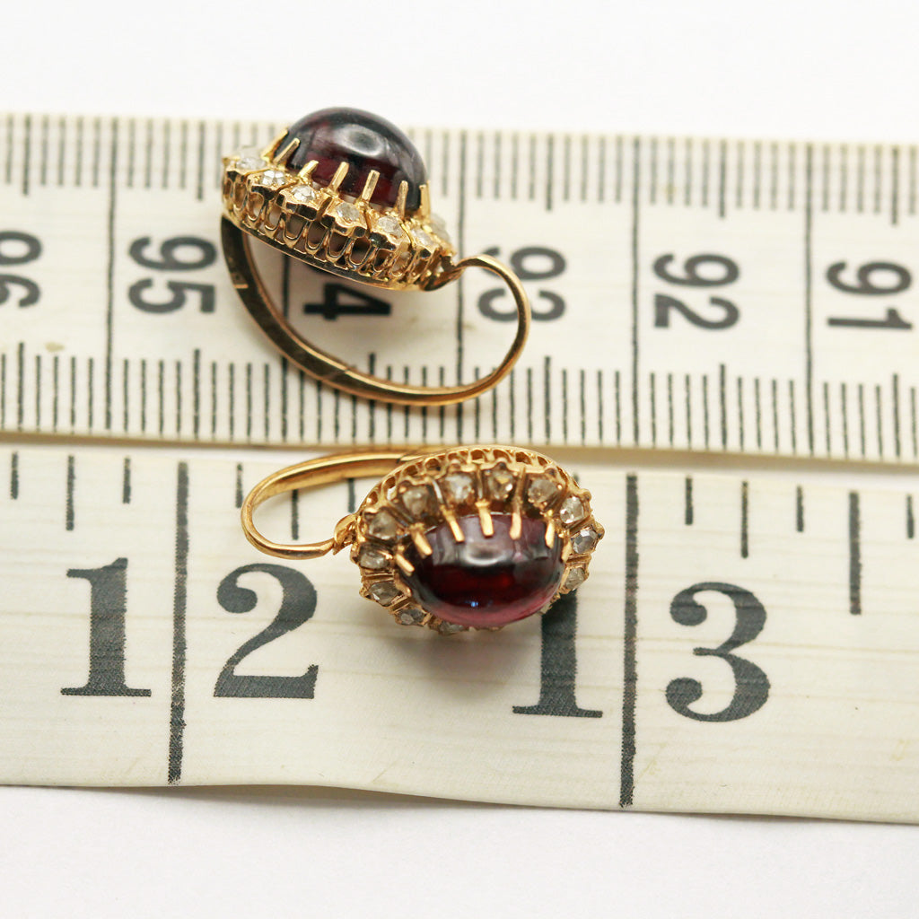 Antique Victorian earrings 18k gold diamonds cabochon garnets French signed(7440)