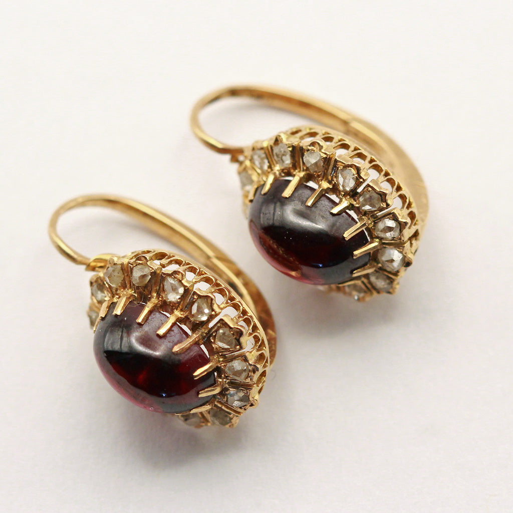 Antique Victorian earrings 18k gold diamonds cabochon garnets French signed(7440)