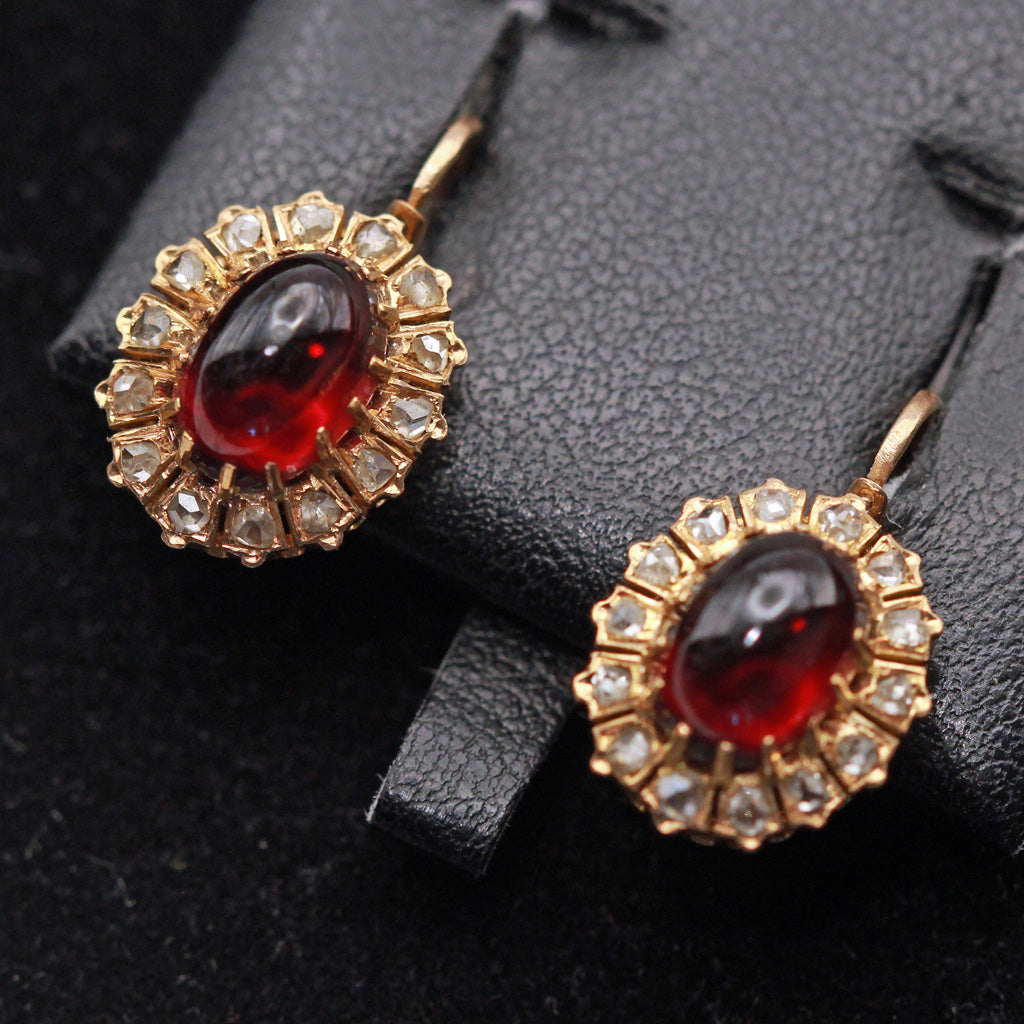 Antique Victorian earrings 18k gold diamonds cabochon garnets French signed(7440)