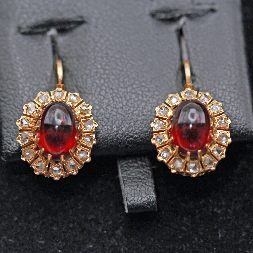 Antique Victorian earrings 18k gold diamonds cabochon garnets French signed(7440)