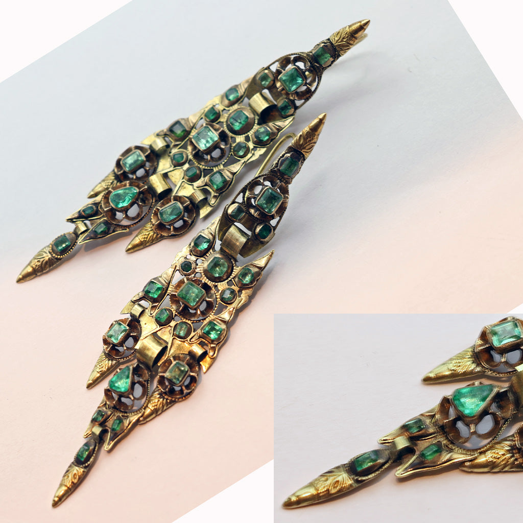 Antique Georgian Iberian pendeloque earrings gold emeralds c1780 Spain (7460)