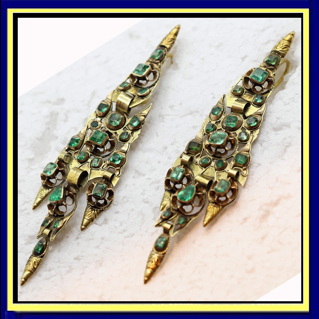 Antique Georgian Iberian pendeloque earrings gold emeralds