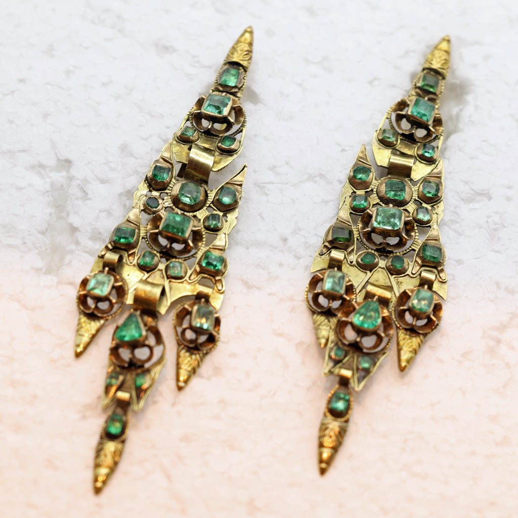 Antique Georgian Iberian pendeloque earrings gold emeralds c1780 Spain (7460)