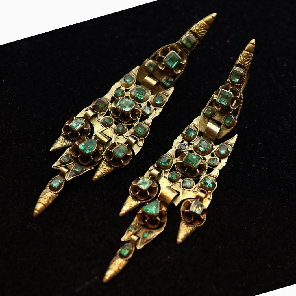 Antique Georgian Iberian pendeloque earrings gold emeralds c1780 Spain (7460)