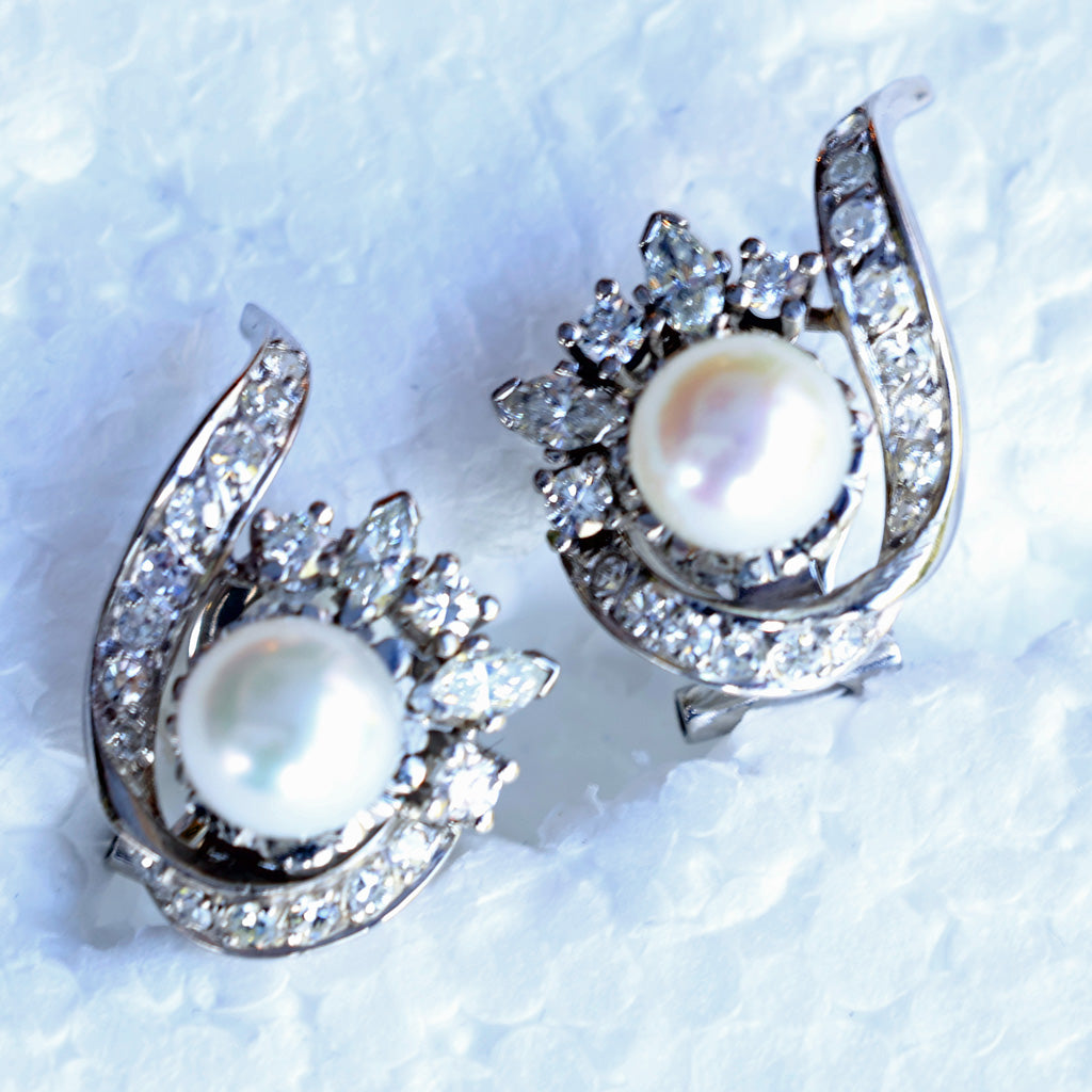 FUSET Art Deco earrings diamonds platinum pearls Barcelona, Spain c1930 (7463)