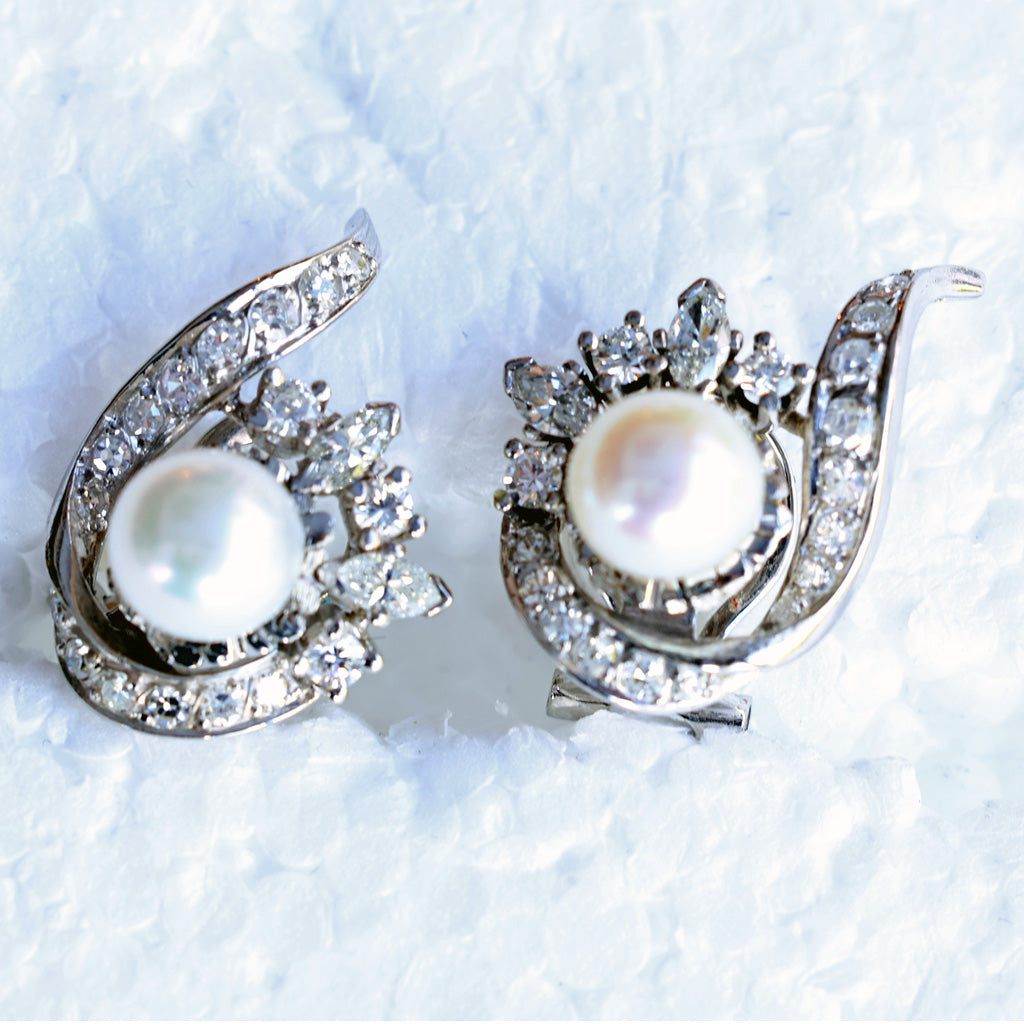 FUSET Art Deco earrings diamonds platinum pearls Barcelona, Spain c1930 (7463)