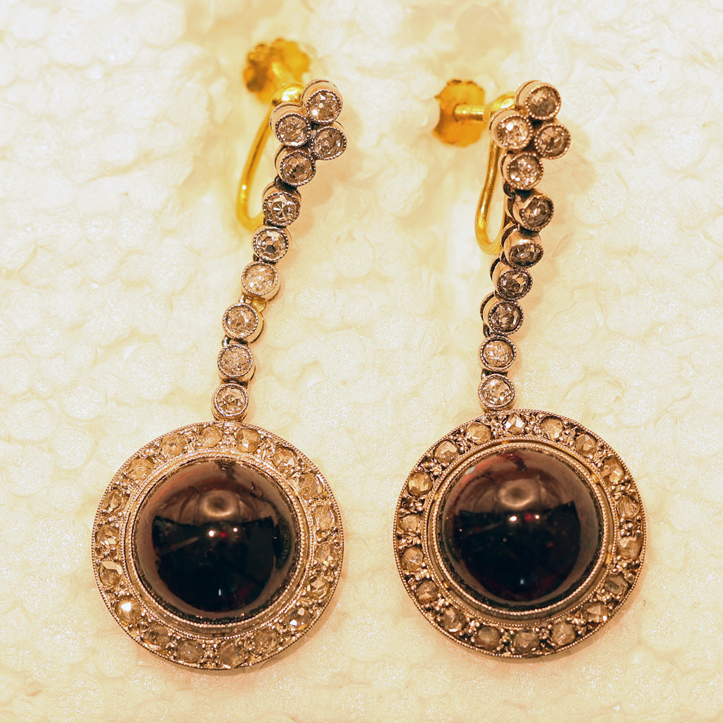 Antique Victorian earrings 18k gold silver diamonds garnets French (7488)