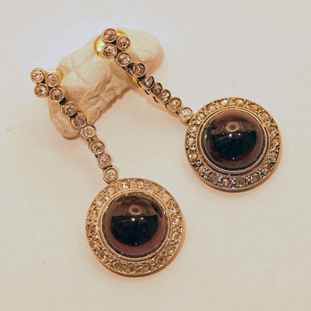 Antique Victorian earrings 18k gold silver diamonds garnets French (7488)