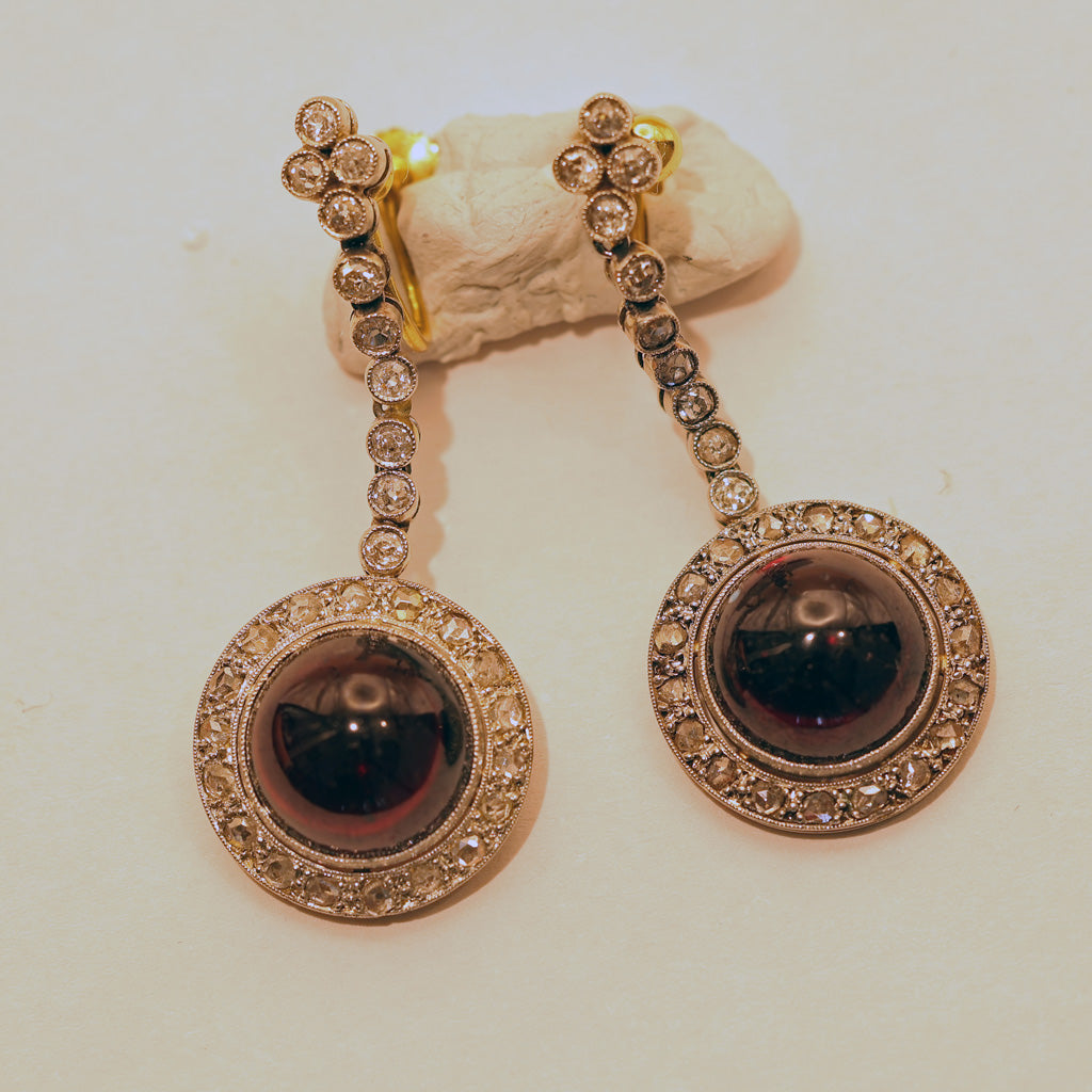 Antique Victorian earrings 18k gold silver diamonds garnets French (7488)