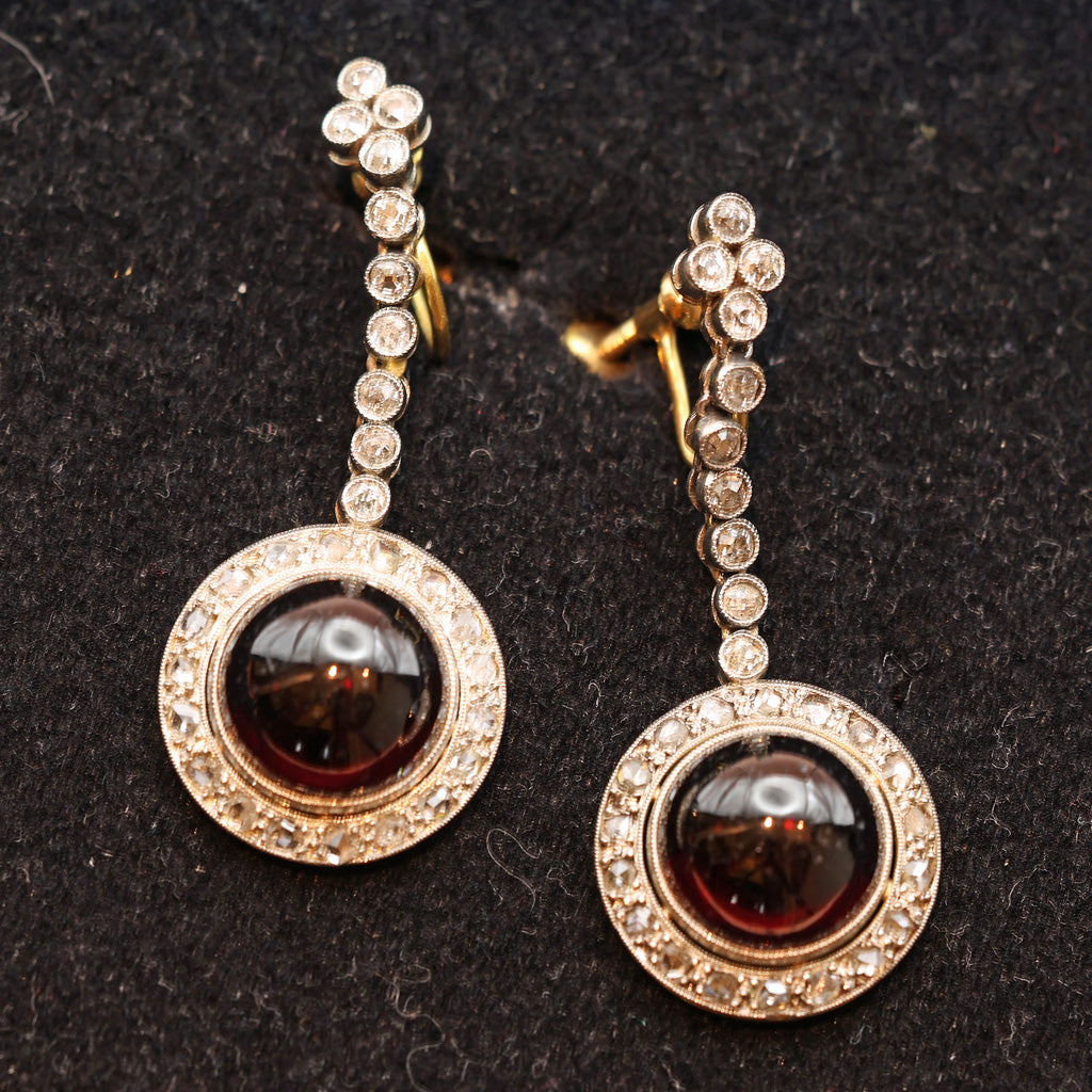 Antique Victorian earrings 18k gold silver diamonds garnets French (7488)