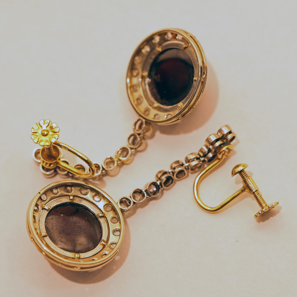 Antique Victorian earrings 18k gold silver diamonds garnets French (7488)