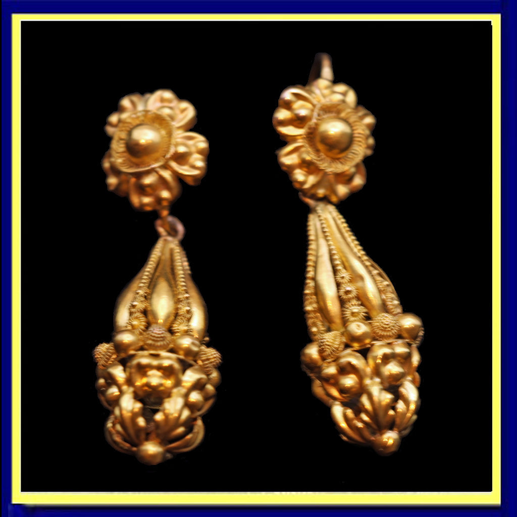 Antique Georgian earrings 18k gold cannetille day night dangle drops French